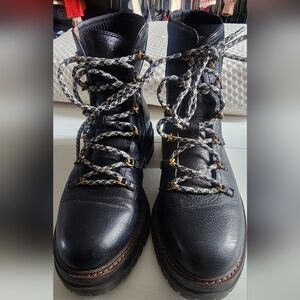 Black Leather Lace-Up Combat Boots with Patterned Laces